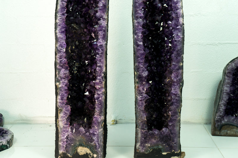 Pair of Deep Purple X-Tall Amethyst Cathedrals With Sugar Druzy
