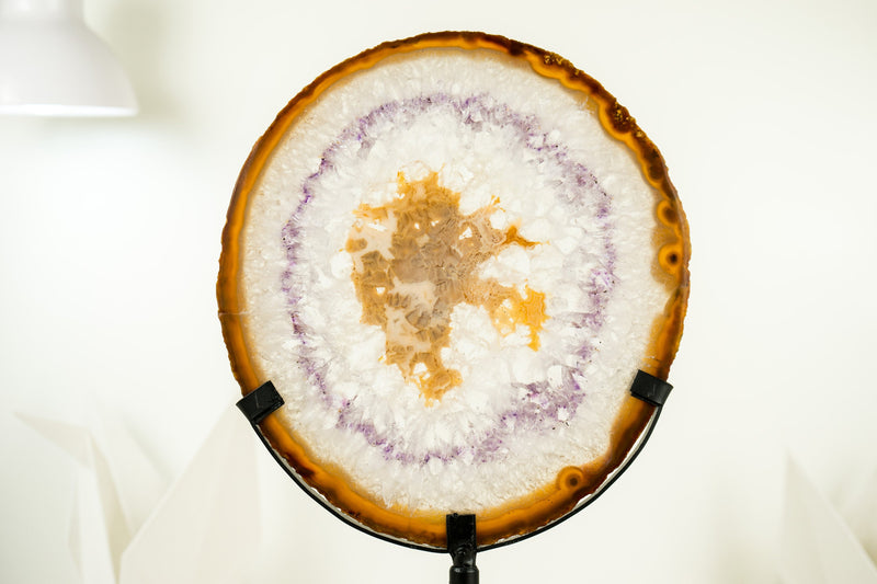 Natural Lace Agate Slice with Rare Amber Lace, Clear Crystal, Sugar Druzy, and Amethyst