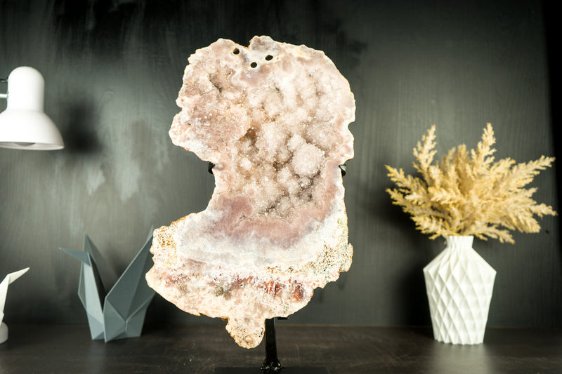 Pink Amethyst Geode Slab with Sculptural Pink Amethyst, Pink Amethyst Flowers, and Sparkly Rose Druzy on Stand - 2.7 Kg - 6.0 lb