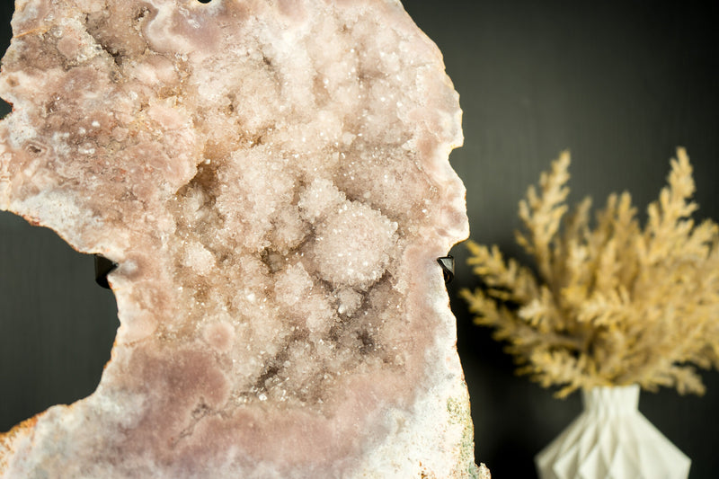 Pink Amethyst Geode Slab with Sculptural Pink Amethyst, Pink Amethyst Flowers, and Sparkly Rose Druzy on Stand - 2.7 Kg - 6.0 lb