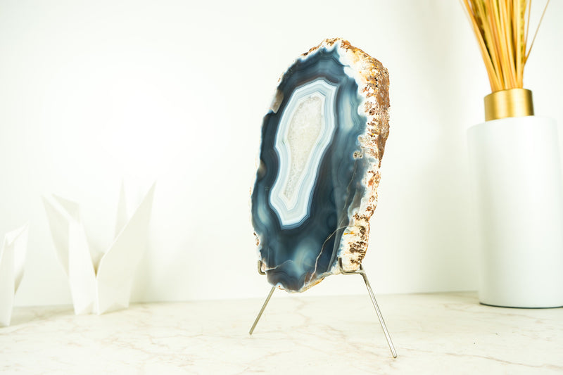 Lace Agate Geode on Stand with Natural Blue Banded Agate - 2.2 Kg - 4.7 lb