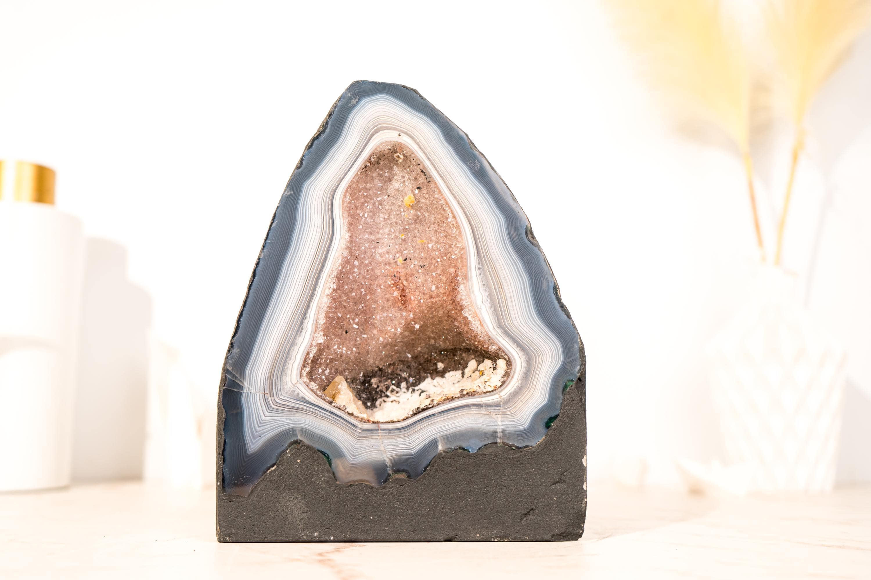 Blue & White Lace Agate Geode with Striped Pattern and Galaxy Druzy
