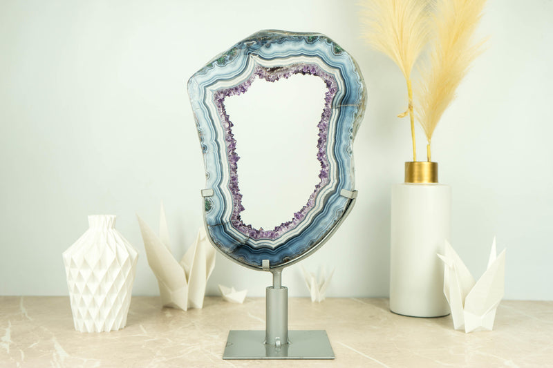 Rare White and Blue Lace Agate Geode Slice with Deep Purple Amethyst Druzy