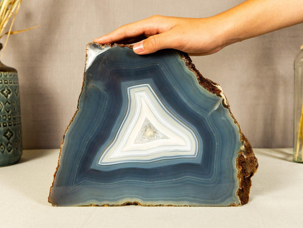 Lace Agate Geode Slice with Blue and White Banded Agate collective