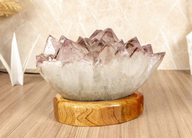 White Amethyst Table Lamp with Goethite, Bespoke made with LED light collective