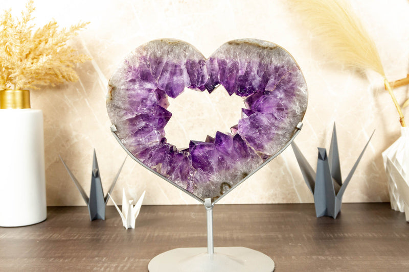 X Large Amethyst Heart with Deep Purple Druzy on Stand