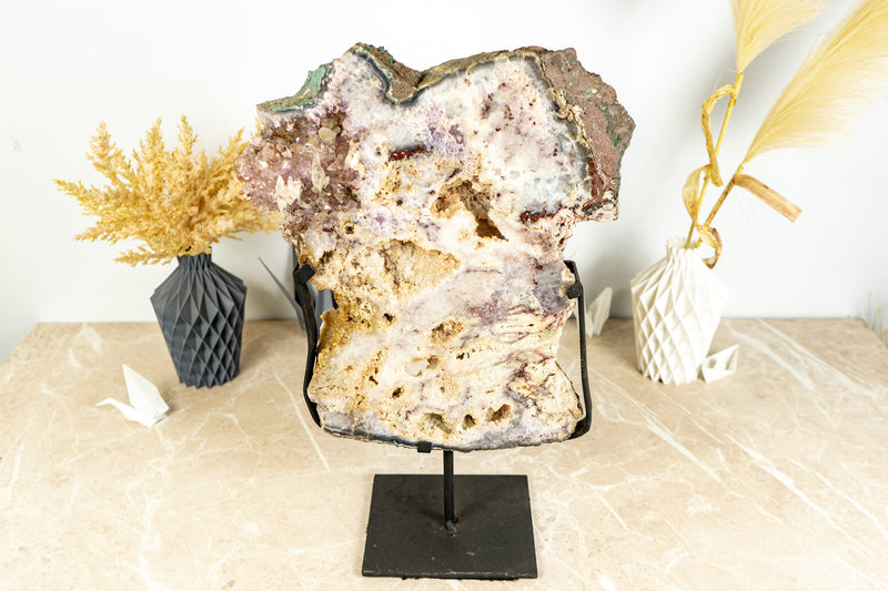 Rare Pink Amethyst Geode Slab with Double-Terminated Calcite and Pink Druzy - 6.7 Kg - 14.7 lb
