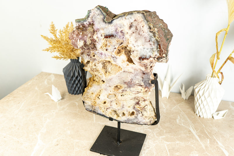 Rare Pink Amethyst Geode Slab with Double-Terminated Calcite and Pink Druzy - 6.7 Kg - 14.7 lb
