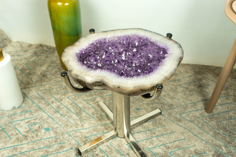 Amethyst Geode End Table on Handmade Inox Base with Lavender Purple Amethyst