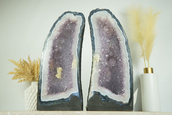 Pair of Tall Blue Lace Agate with Lavender Amethyst Druzy Geode Cathedrals