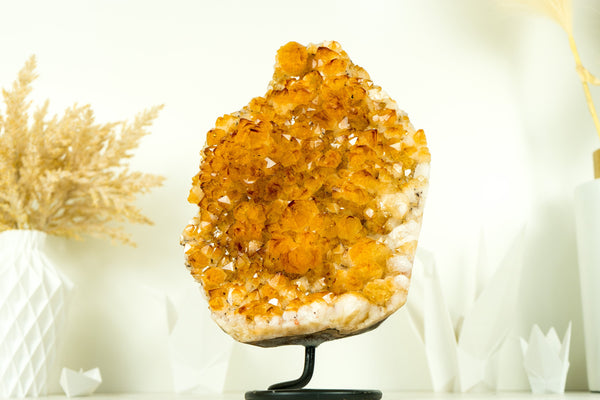 Gorgeous Rich Yellow Citrine Cluster with Rosette Flowers Druzy on Stand