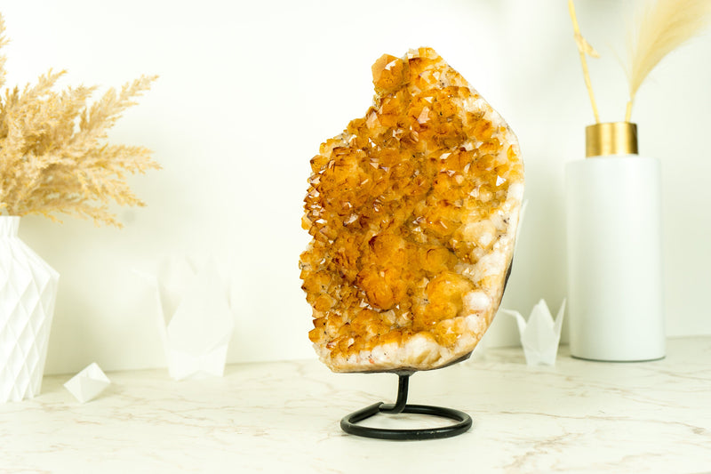 Gorgeous Rich Yellow Citrine Cluster with Rosette Flowers Druzy on Stand