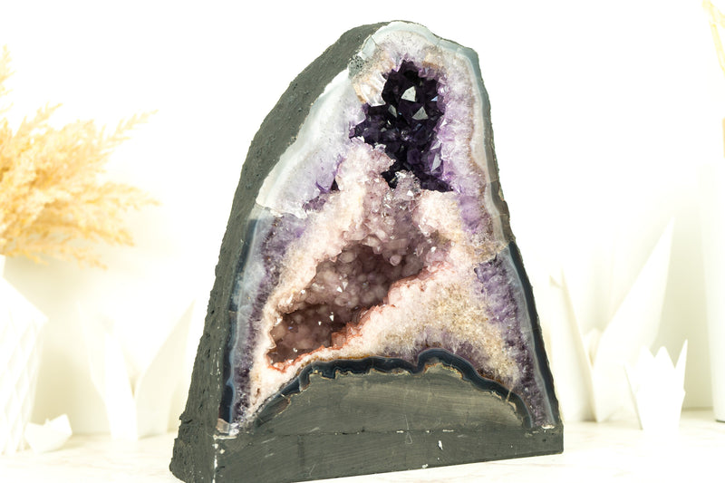 Super Rare Natural Double Amethyst Geode with Half Pink Quartz Druzy, Half Deep Purple Amethyst