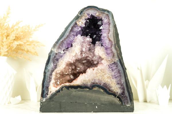 Super Rare Natural Double Amethyst Geode with Half Pink Quartz Druzy, Half Deep Purple Amethyst