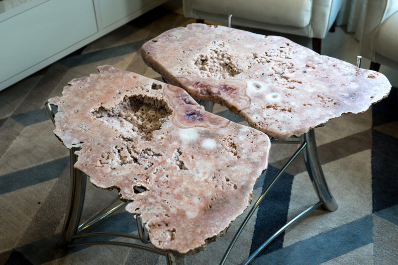 Pink Amethyst Geode Coffee Table (or Center Table) with a Large Butterflied Geode on a Stainless Steel Designed Base