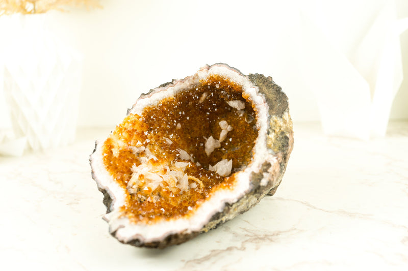 Natural Citrine Geode Cave with Deep Orange Citrine Druzy and Calcite Inclusions