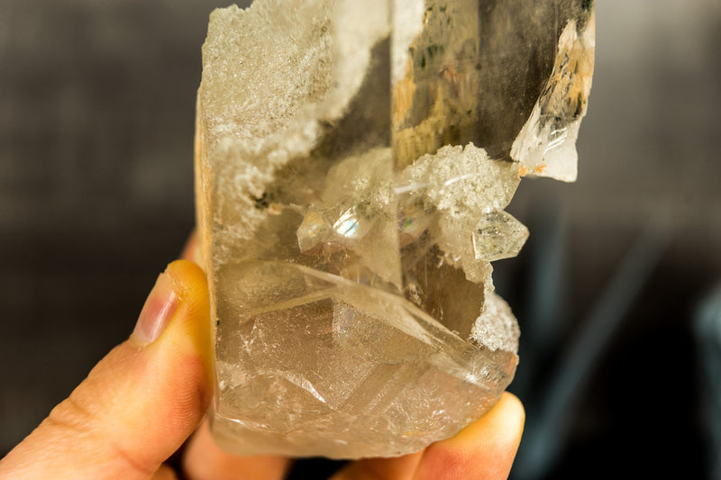 White Lodolite Crystal Point with Rainbow Bridge Inclusion and Cat-Eye Effect