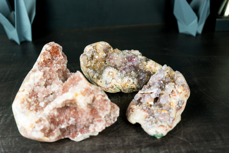Wholesale Set of 3 High-Grade Pink Amethyst Free Form Geodes, Flat Box