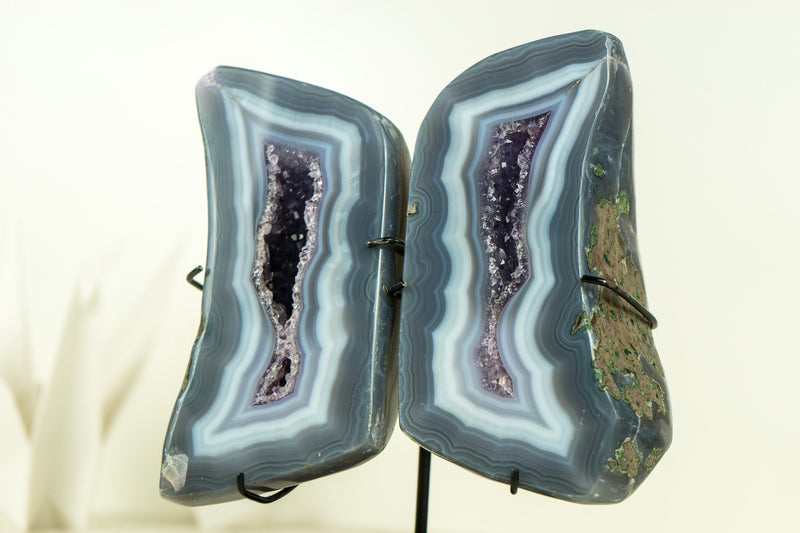 Small Polished Blue Lace Agate Geode Wings with Purple Amethyst and Landscaped Back, On Stand -