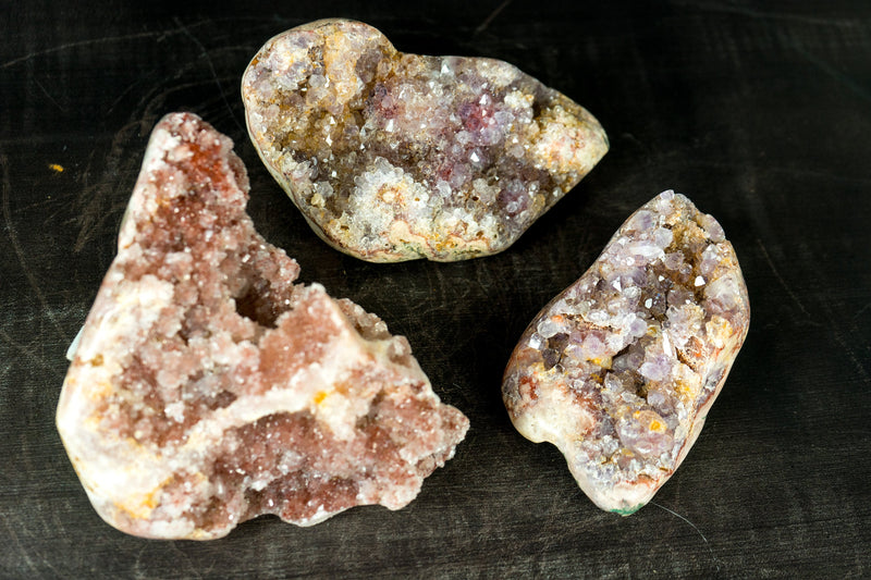 Wholesale Set of 3 High-Grade Pink Amethyst Free Form Geodes, Flat Box
