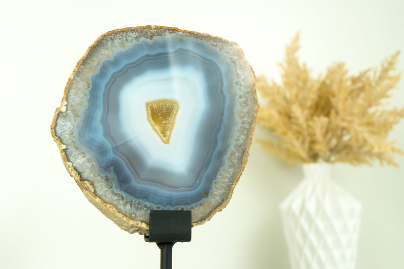 Rare Natural Blue and White Banded Agate Slice, Undyed, with Yellow Galaxy Druzy