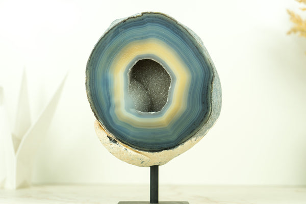 Blue and Cream Lace Agate Geode on Stand, Banded Agate Geode with Sugar Druzy