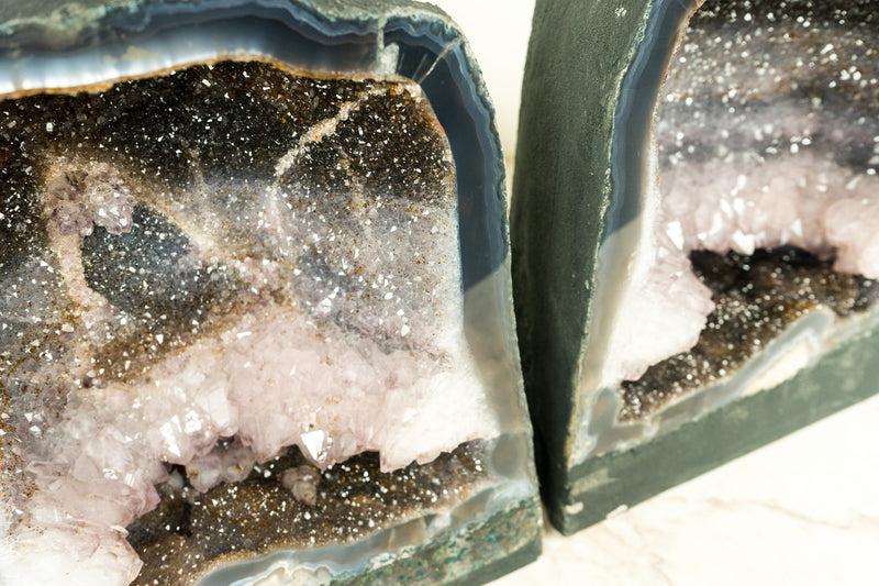 Pair of Amethyst Cathedral Geodes with Rare Tri-color Galaxy Druzy and Amethyst Crown Formation