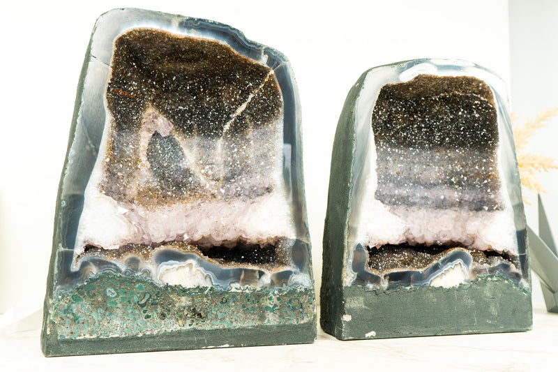 Pair of Amethyst Cathedral Geodes with Rare Tri-color Galaxy Druzy and Amethyst Crown Formation