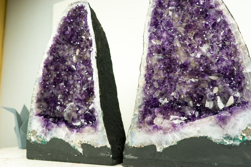 Pair of Deep Purple Amethyst Geodes with Rare Flower-Like Druzy Formation and Calcite Inclusions