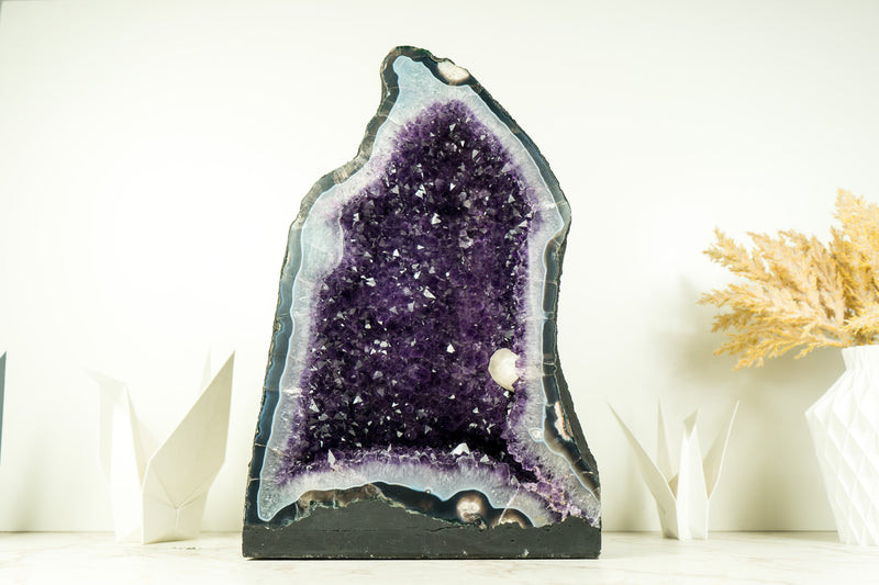 Rare Amethyst Geode with Deep Purple Amethyst Druzy, Blue Lace Agate, and Calcite Inclusion