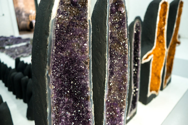 Gorgeous Pair of Straight, X-Tall Amethyst Geodes with Sparkly Purple Amethyst, Agate Matrix and Cacoxenite