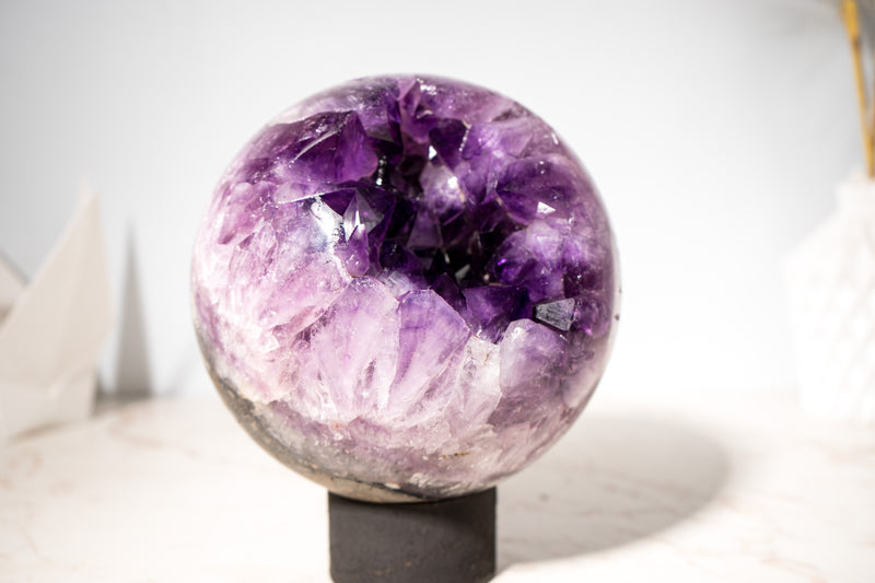 Large AAA Amethyst Sphere with Deep Purple Druzy – 21 Lb - E2D Crystals & Minerals