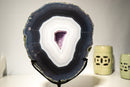 Rare Dark Blue & White Lace Agate Geode with Striped Laces and Purple Druzy Interior - E2D Crystals & Minerals