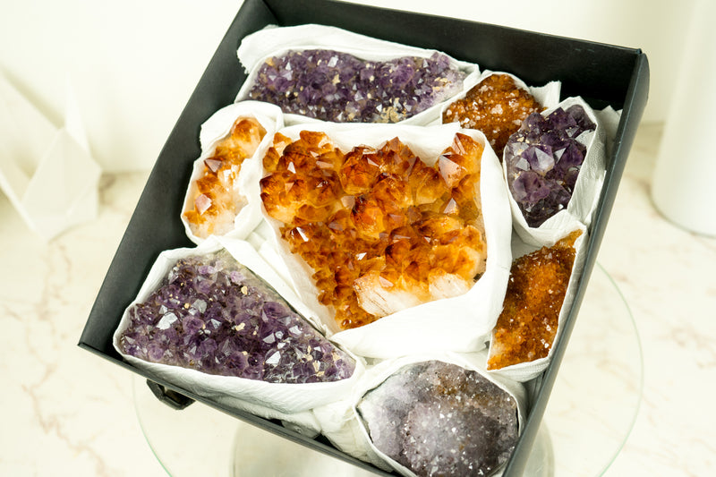 Flache Box mit gemischtem Citrin und Citrin-Amethyst, nur AAA-Qualität und seltene Kristalle