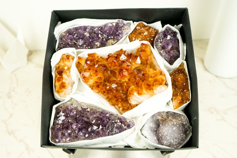Flache Box mit gemischtem Citrin und Citrin-Amethyst, nur AAA-Qualität und seltene Kristalle