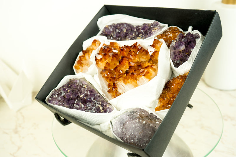 Flache Box mit gemischtem Citrin und Citrin-Amethyst, nur AAA-Qualität und seltene Kristalle