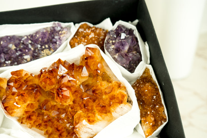 Flache Box mit gemischtem Citrin und Citrin-Amethyst, nur AAA-Qualität und seltene Kristalle