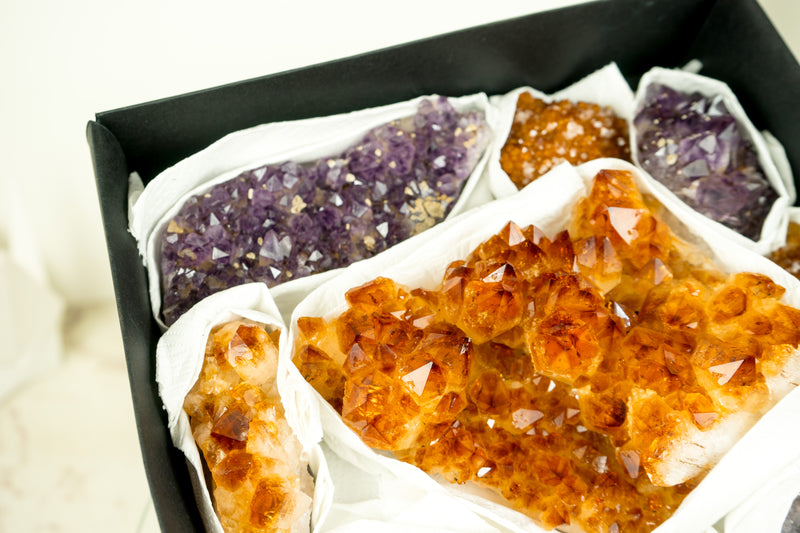 Flache Box mit gemischtem Citrin und Citrin-Amethyst, nur AAA-Qualität und seltene Kristalle