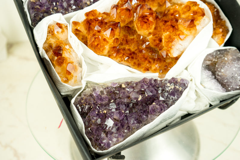 Flache Box mit gemischtem Citrin und Citrin-Amethyst, nur AAA-Qualität und seltene Kristalle