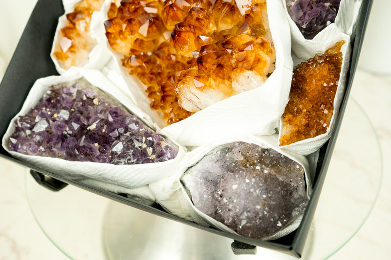 Flache Box mit gemischtem Citrin und Citrin-Amethyst, nur AAA-Qualität und seltene Kristalle