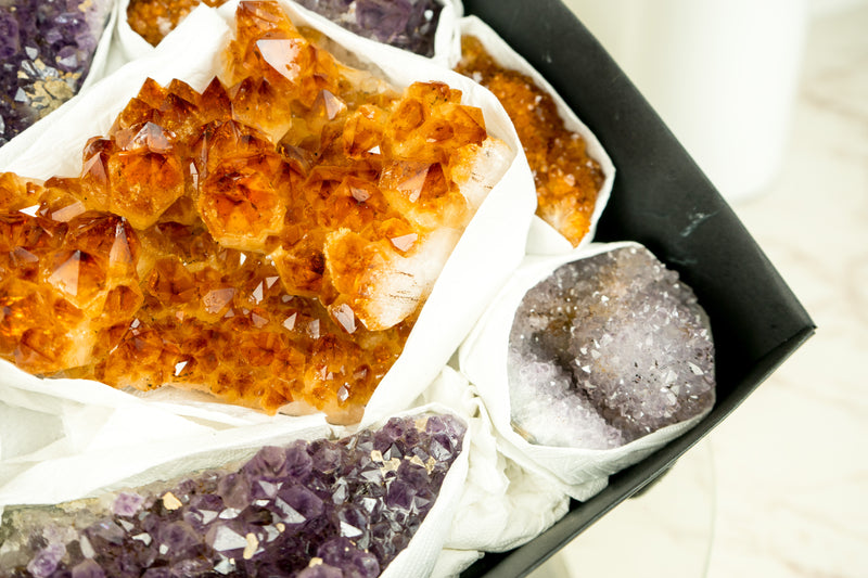 Flache Box mit gemischtem Citrin und Citrin-Amethyst, nur AAA-Qualität und seltene Kristalle