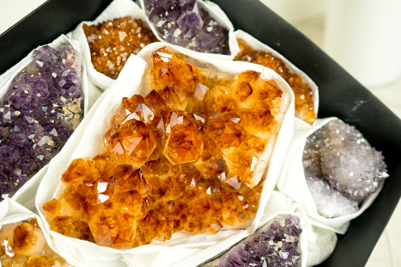 Flache Box mit gemischtem Citrin und Citrin-Amethyst, nur AAA-Qualität und seltene Kristalle
