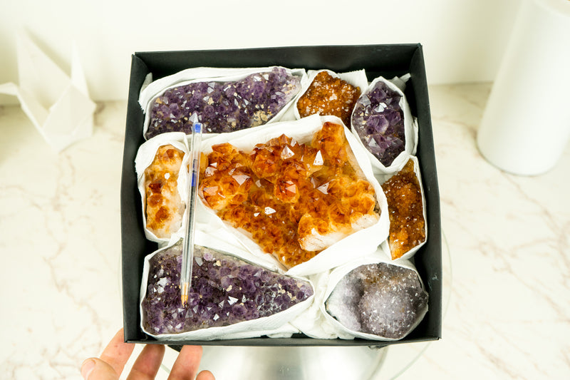Flache Box mit gemischtem Citrin und Citrin-Amethyst, nur AAA-Qualität und seltene Kristalle
