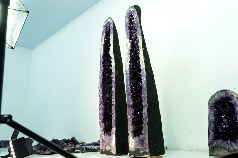 Pair of Deep Purple X-Tall Amethyst Cathedrals With Sugar Druzy