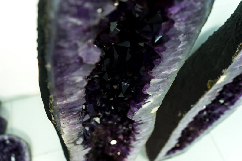 Pair of Deep Purple X-Tall Amethyst Cathedrals With Sugar Druzy