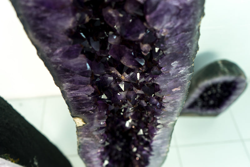 Pair of Deep Purple X-Tall Amethyst Cathedrals With Sugar Druzy