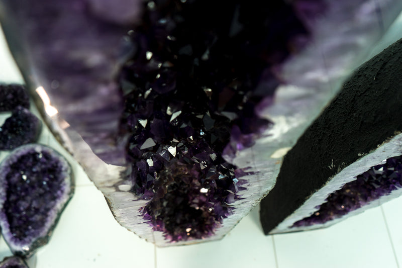 Pair of Deep Purple X-Tall Amethyst Cathedrals With Sugar Druzy