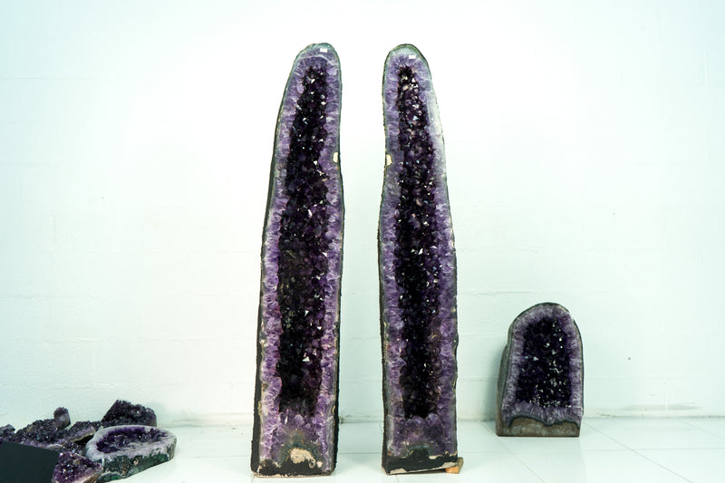 Pair of Deep Purple X-Tall Amethyst Cathedrals With Sugar Druzy