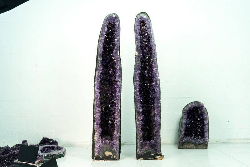 Pair of Deep Purple X-Tall Amethyst Cathedrals With Sugar Druzy