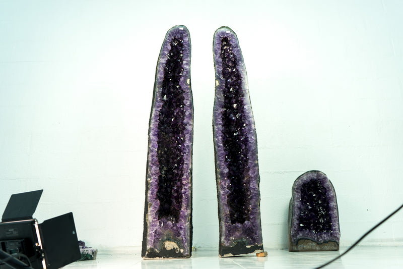 Pair of Deep Purple X-Tall Amethyst Cathedrals With Sugar Druzy